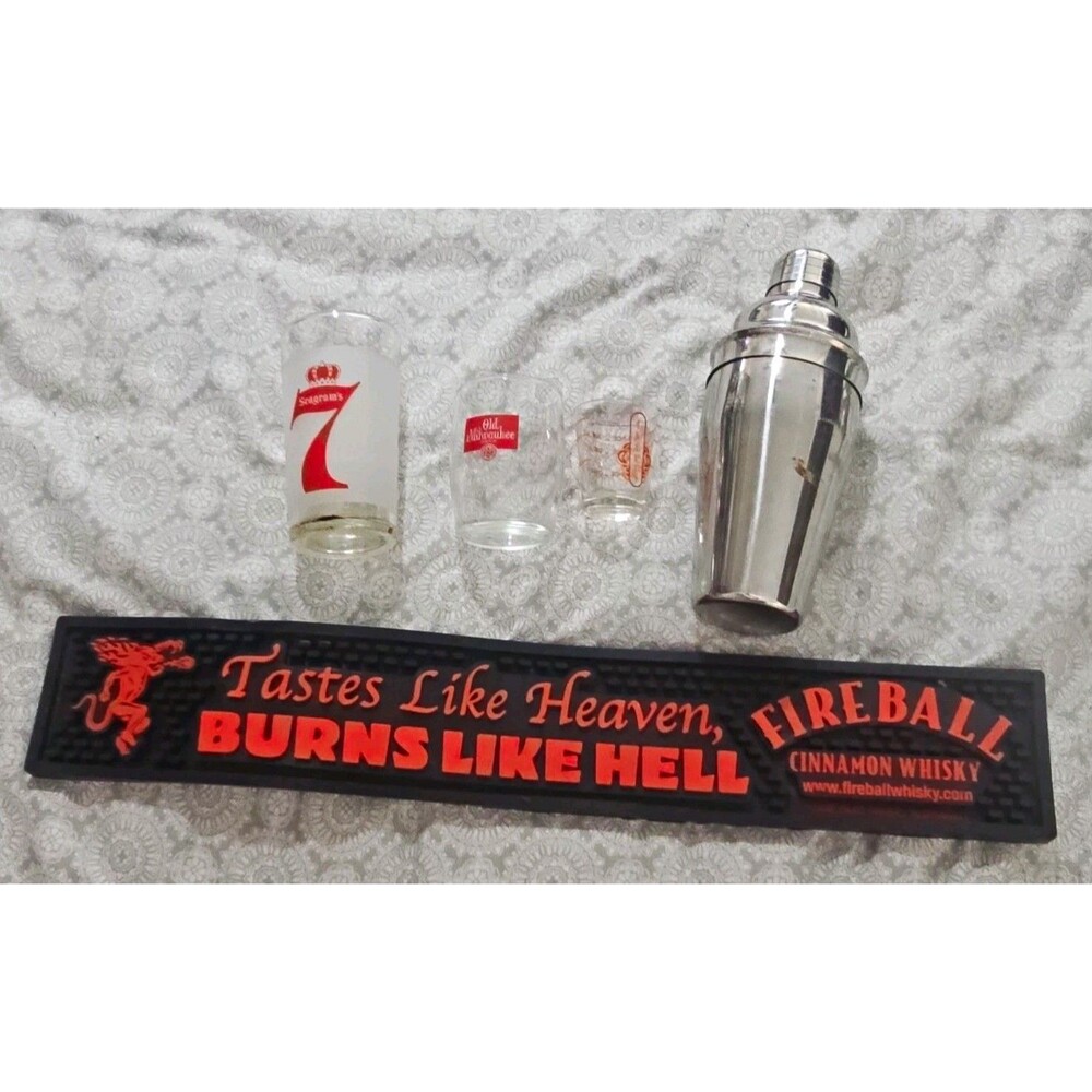 5pc Stainless Steel Cocktail Shaker Set w/ Shot Glasses & FIREBALL BRAND Bar Mat